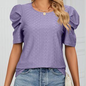 Round neck ruffle pile sleeve loose T-shirt